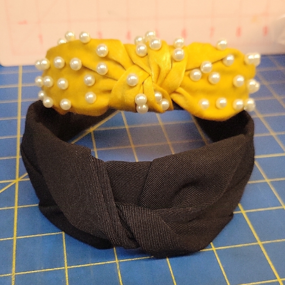 Lot of 2 Black Wide & Yelliw Pearl Embellished Headbands New